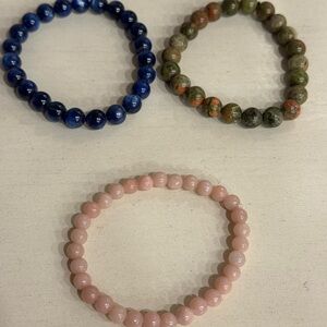 Three Beaded Stretch Bracelets - Unakite, Pink Opal, and Kyanite